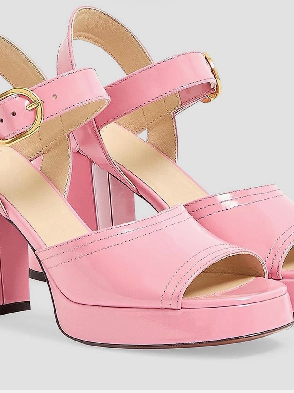 Valentino Garavani Pink Patent Platform Sandals with Gold Buckle